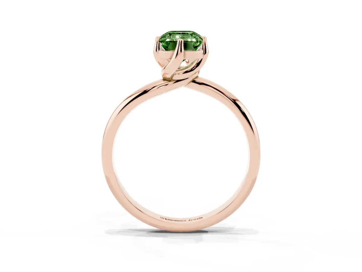 Fancy Green Emerald Cut Diamond Solitaire Engagement Ring with Four-Prong Setting and Classic Band Rose gold