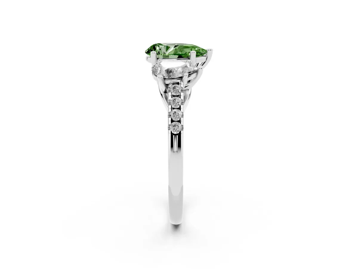 Fancy Green Three-Stone Pear Cut Diamond Ring with Round Pavé Band and Prong Setting Silver