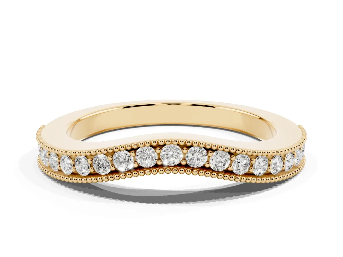 Round Brilliant Milgrain Bezel Set Diamond Wave Band Yellow gold