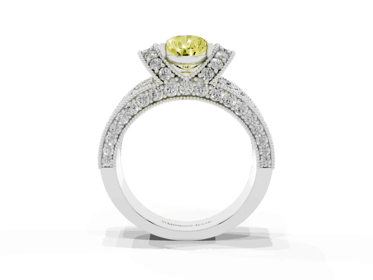 Fancy Yellow Pear Cut Halo Pave Diamond Engagement Ring with Milgrain Detailing Silver