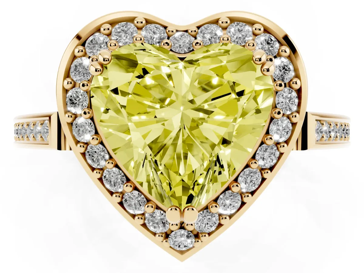 Fancy Yellow Heart Cut Diamond Halo Ring with Split Shank and Four-Prong Setting Yellow gold