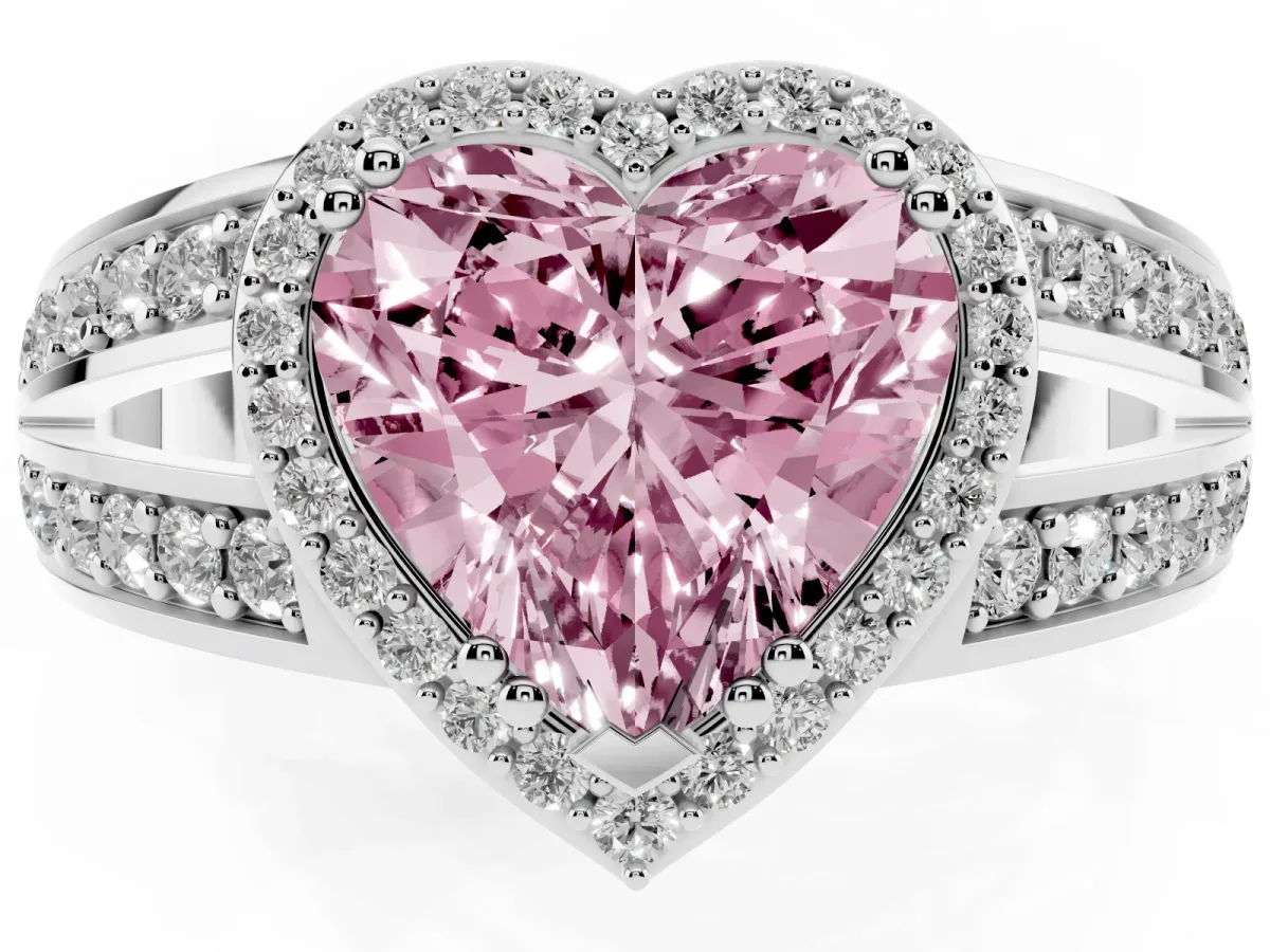Fancy Pink Heart Cut Diamond Halo Ring with Split Shank Pavé Band and Four-Prong Setting Platinum