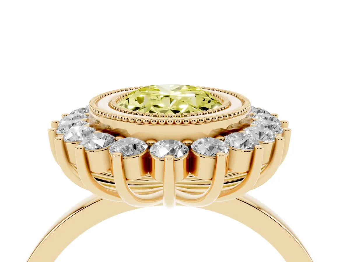 Fancy Yellow Oval Cut Halo Diamond Ring with Milgrain Edge and Round Prong Setting Yellow gold