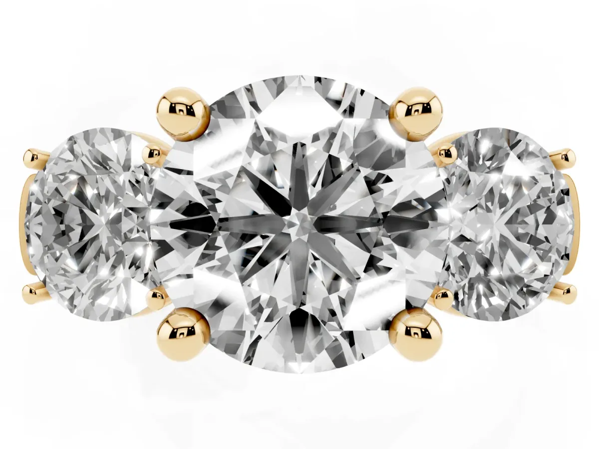Three-Stone Round Cut Brilliant Diamond Trellis Ring with Comfort Fit Band Yellow gold