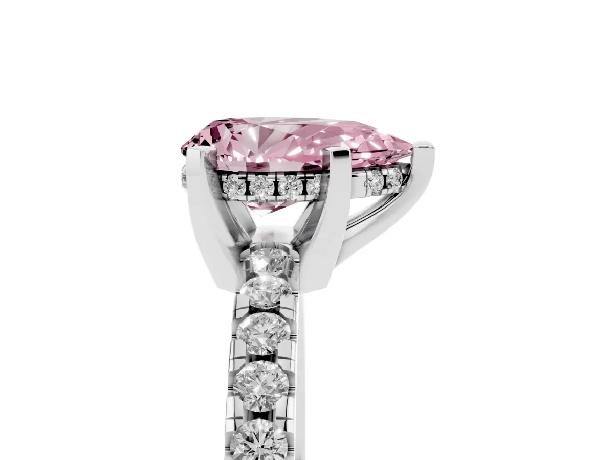 Fancy Pink Pear Cut Diamond Solitaire Ring with Round Pavé Band and Four-Prong Setting Silver