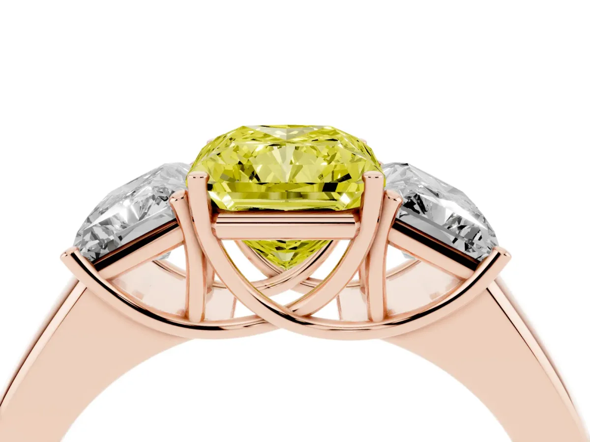 Fancy Yellow Three-Stone Radiant Cut Cut Diamond Ring with Prong Setting and Classic Band Rose gold