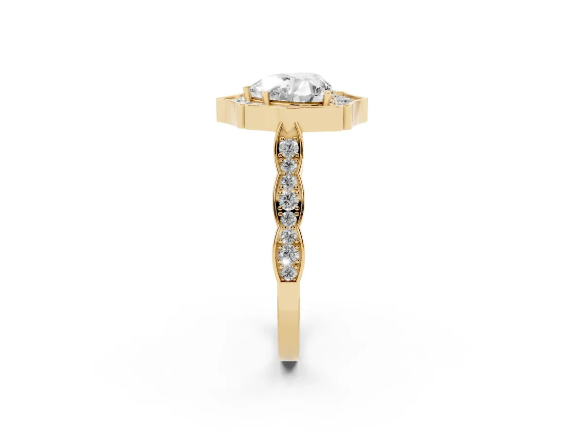 Heart Cut Halo Diamond Engagement Ring with Milgrain Band and Four-Prong Setting Yellow gold