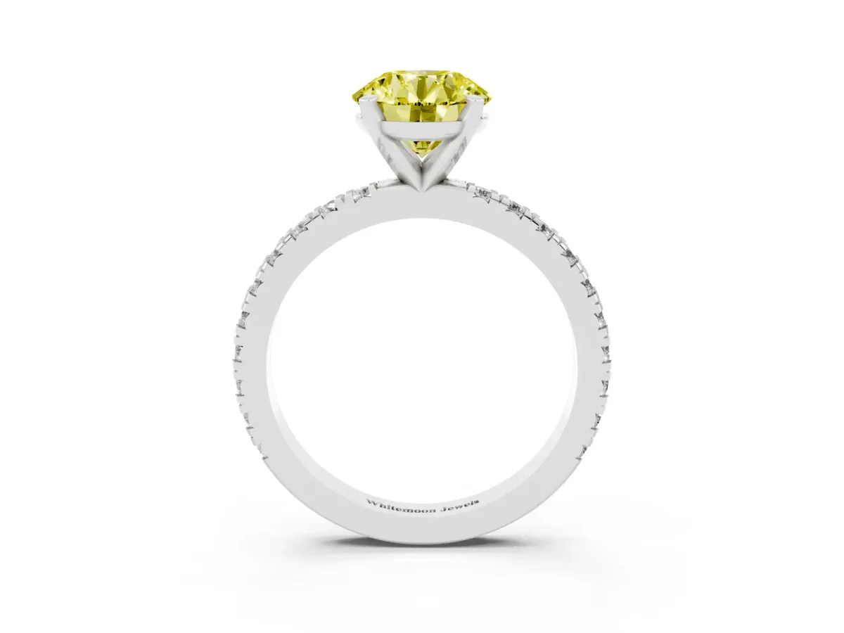 Fancy Yellow Round Cut Diamond Pavé Band Solitaire with Four-Prong Setting Silver