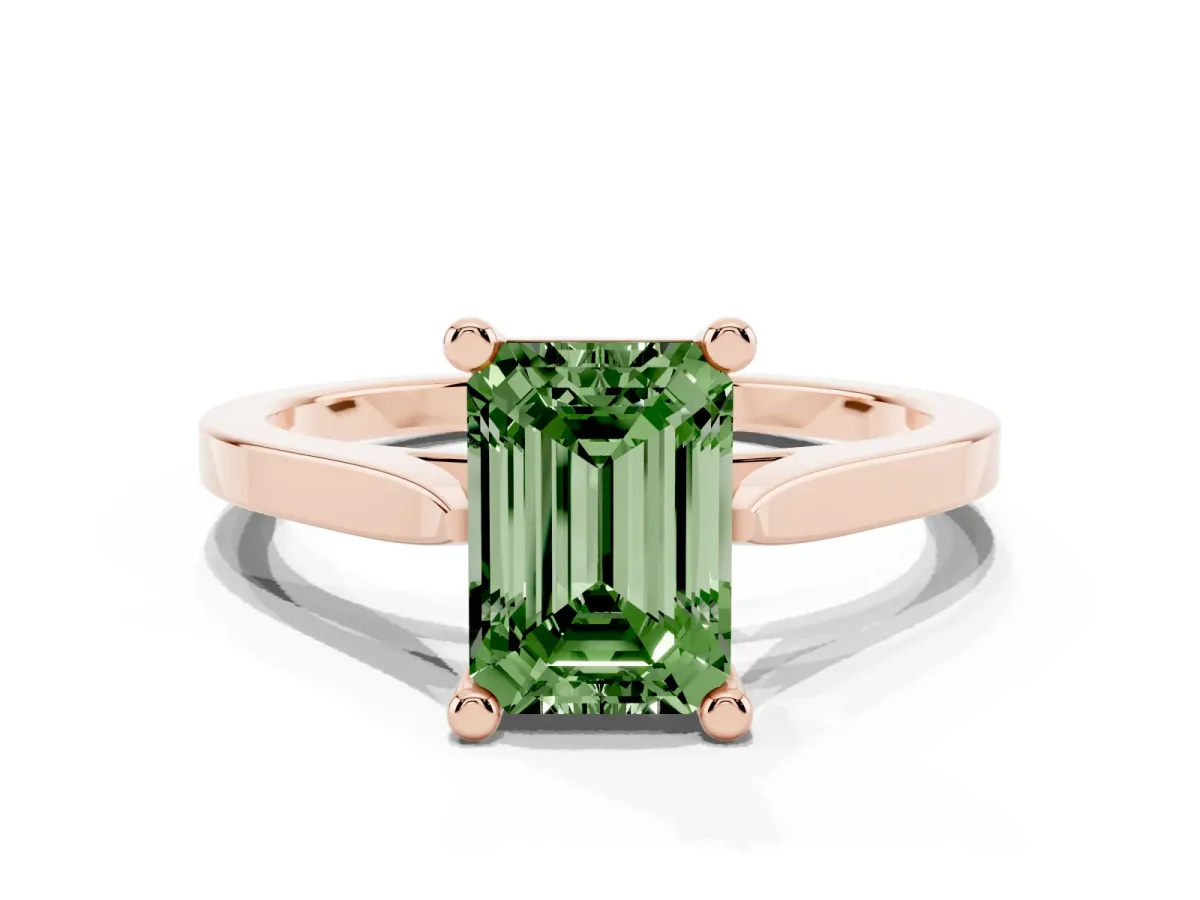 Fancy Green Emerald Cut Solitaire Diamond Ring with Four-Prong Setting and Tapered Band Rose gold