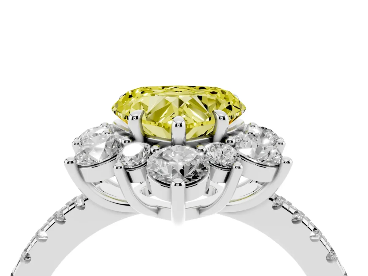 Fancy Yellow Heart Cut Diamond Floral Halo Ring with Round Pavé Band and Prong Setting Silver