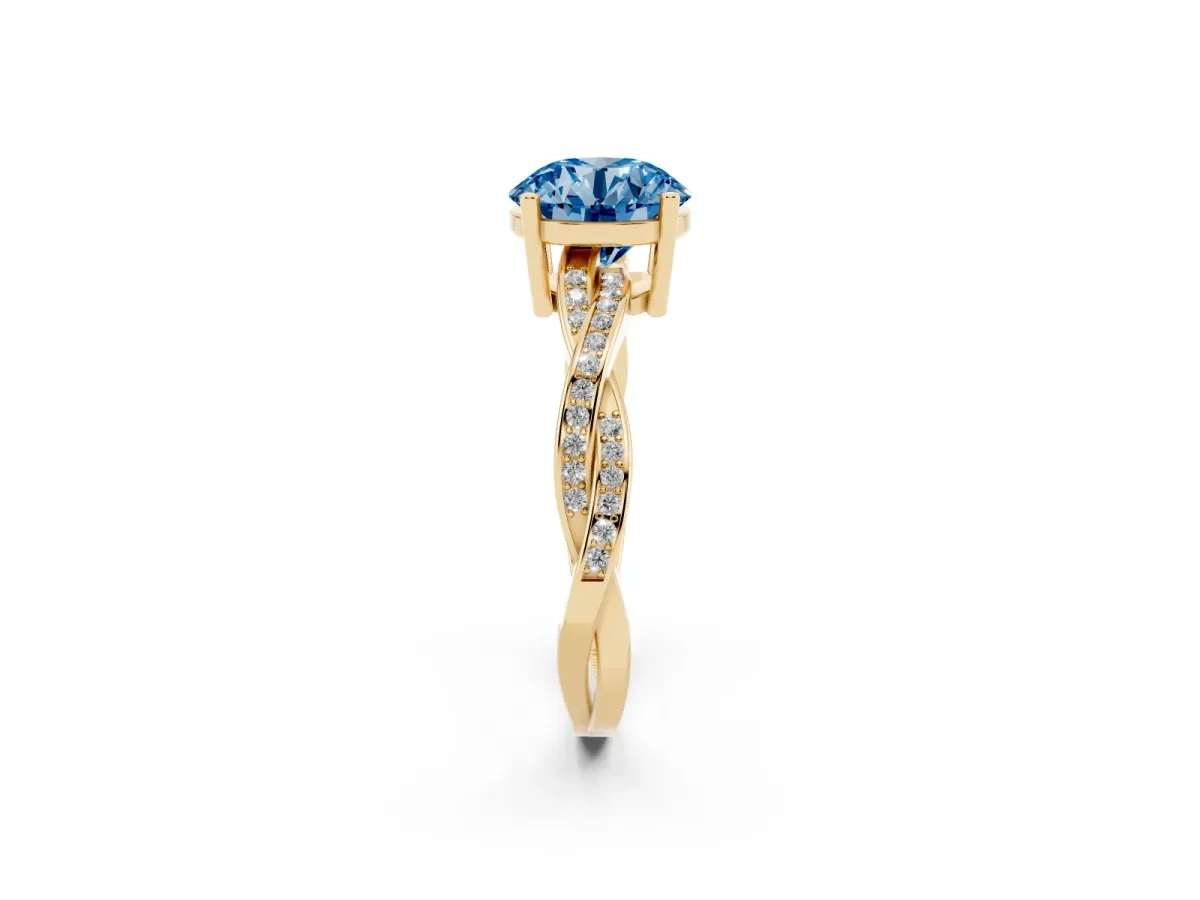 Fancy Blue Round Cut Solitaire Twisted Pave Diamond Ring with Four-Prong Setting Yellow gold