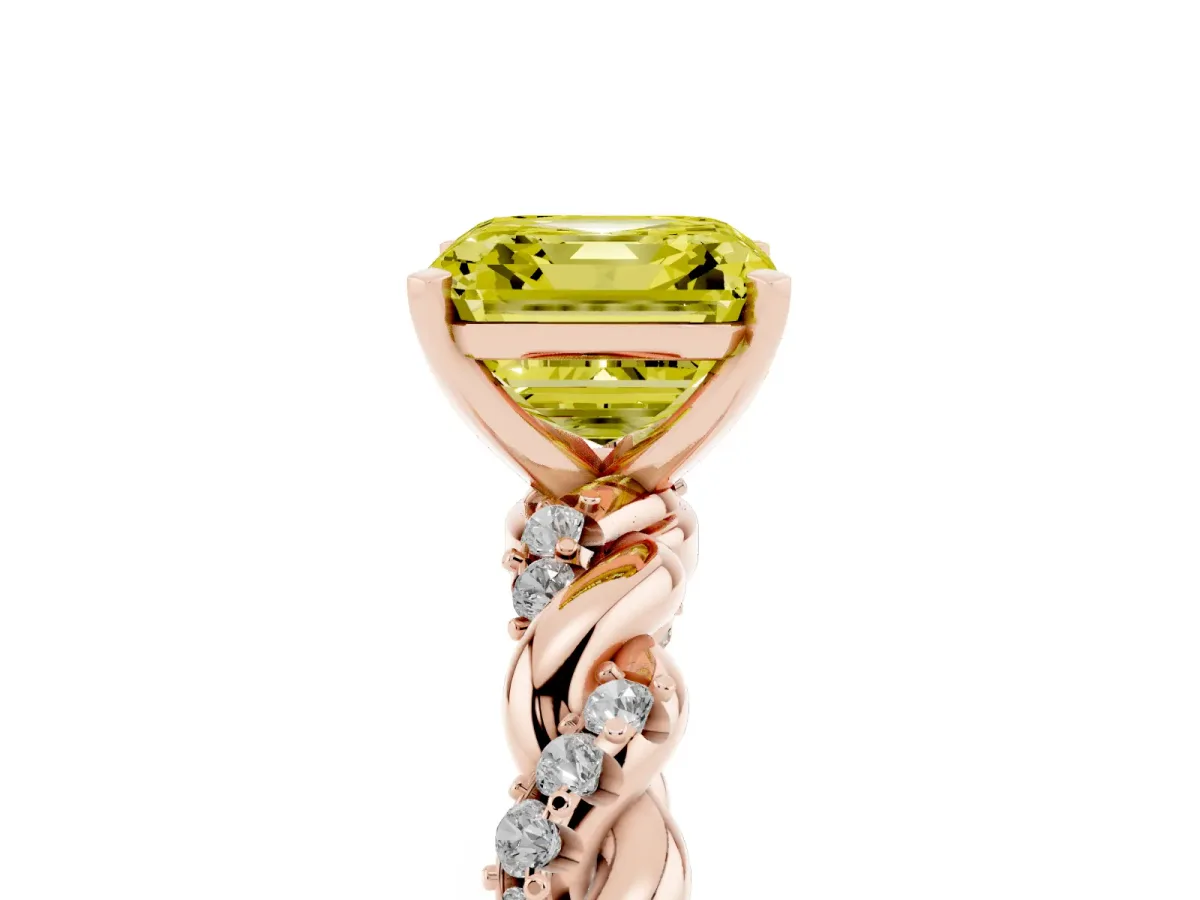Fancy Yellow Asscher Cut Diamond Solitaire Ring with Twisted Band and Pavé Accents Rose gold