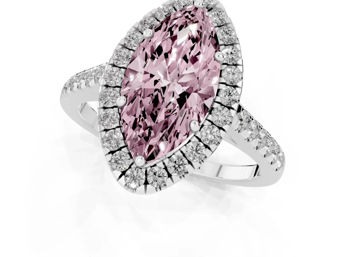 Fancy Pink Marquise Cut Halo Pave Diamond Engagement Ring with Four-Prong Setting Platinum