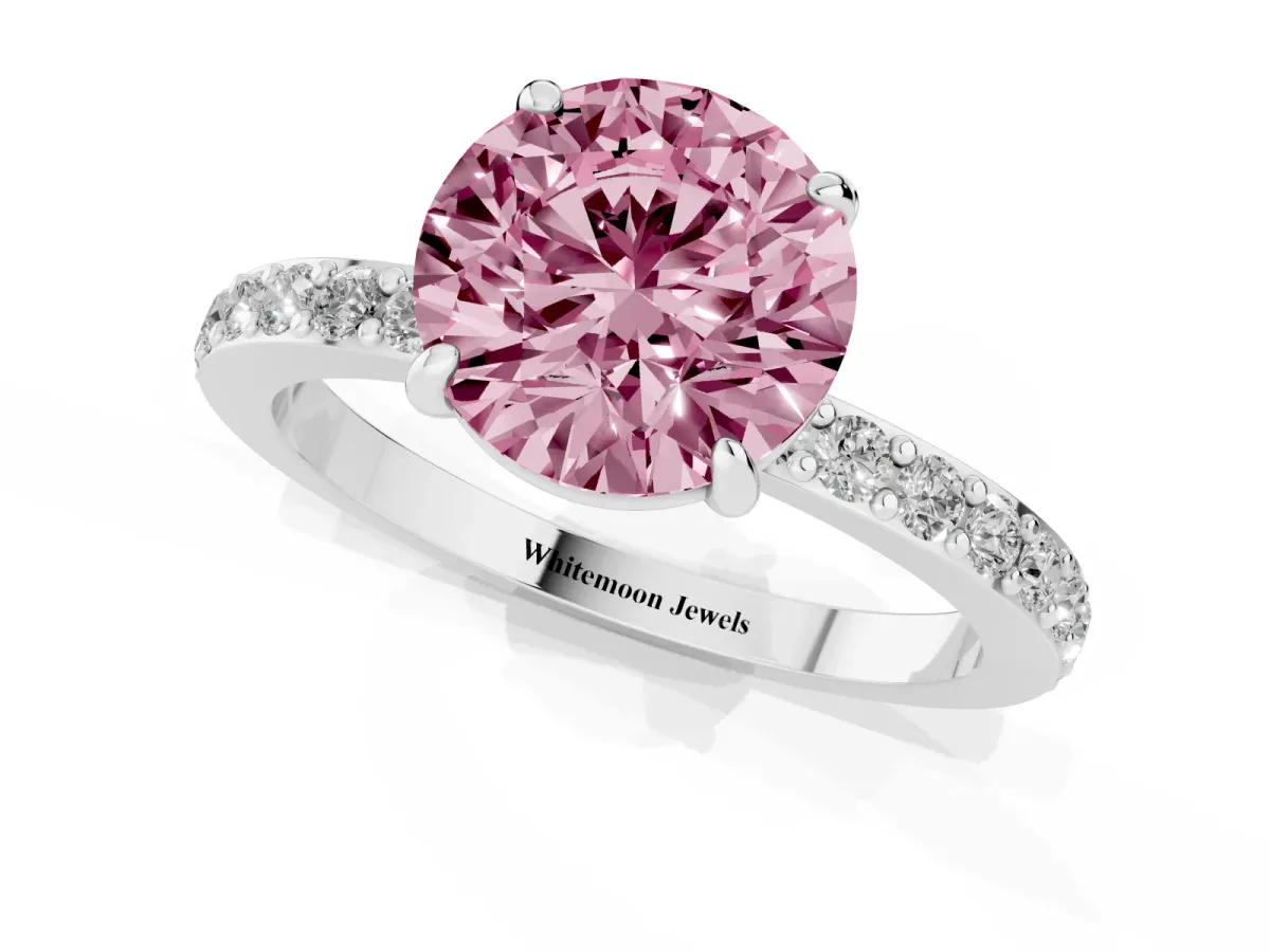 Fancy Pink Round Cut Diamond Pavé Engagement Ring with Round Accents and Prong Setting Silver