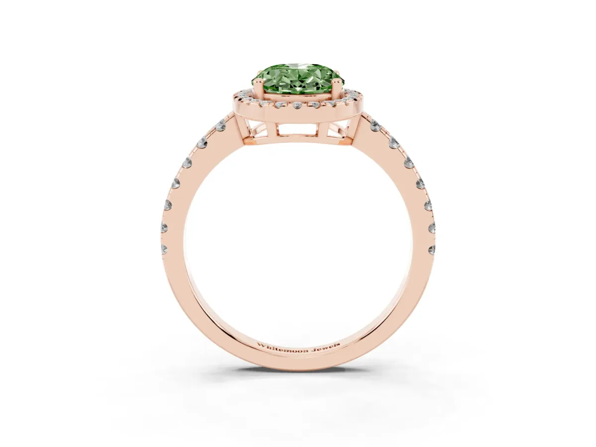 Fancy Green Oval Cut Diamond Halo Ring with Pavé Band and Four-Prong Setting Rose gold