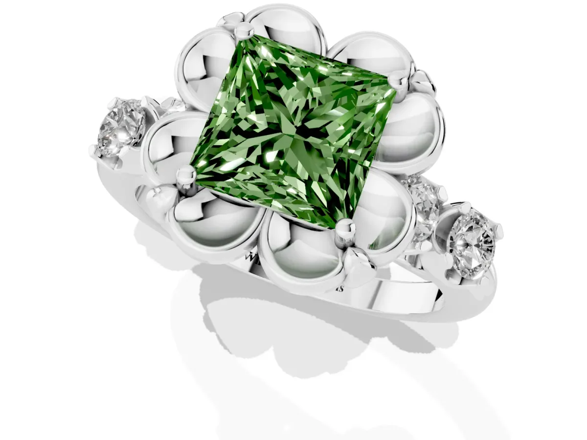 Fancy Green Princess Cut Cut Diamond Floral Halo Engagement Ring with Shared Prong Setting Platinum