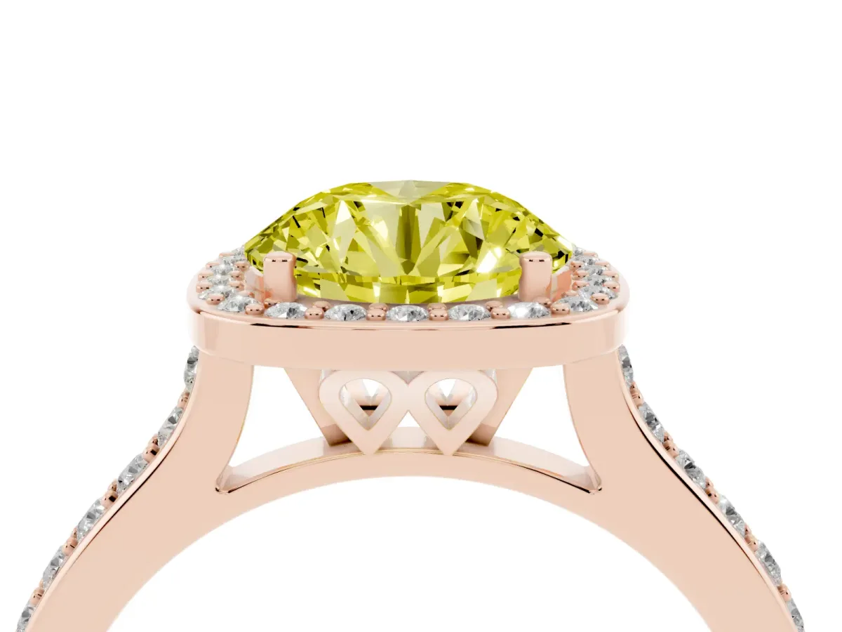 Fancy Yellow Round Cut Diamond Halo Engagement Ring with Round Pavé Shoulders and Prong Setting Rose gold