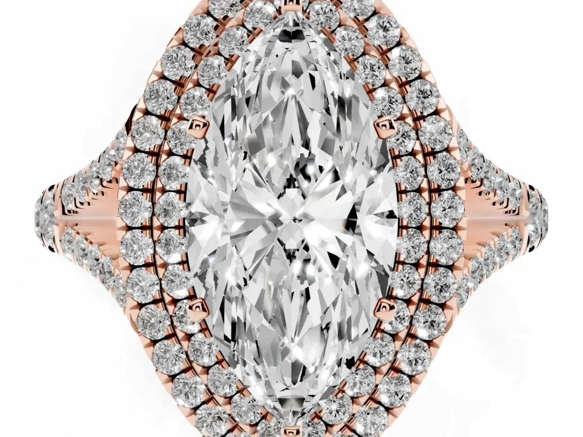 Marquise Cut Diamond Pavé Split Shank Double Halo Engagement Ring Rose gold
