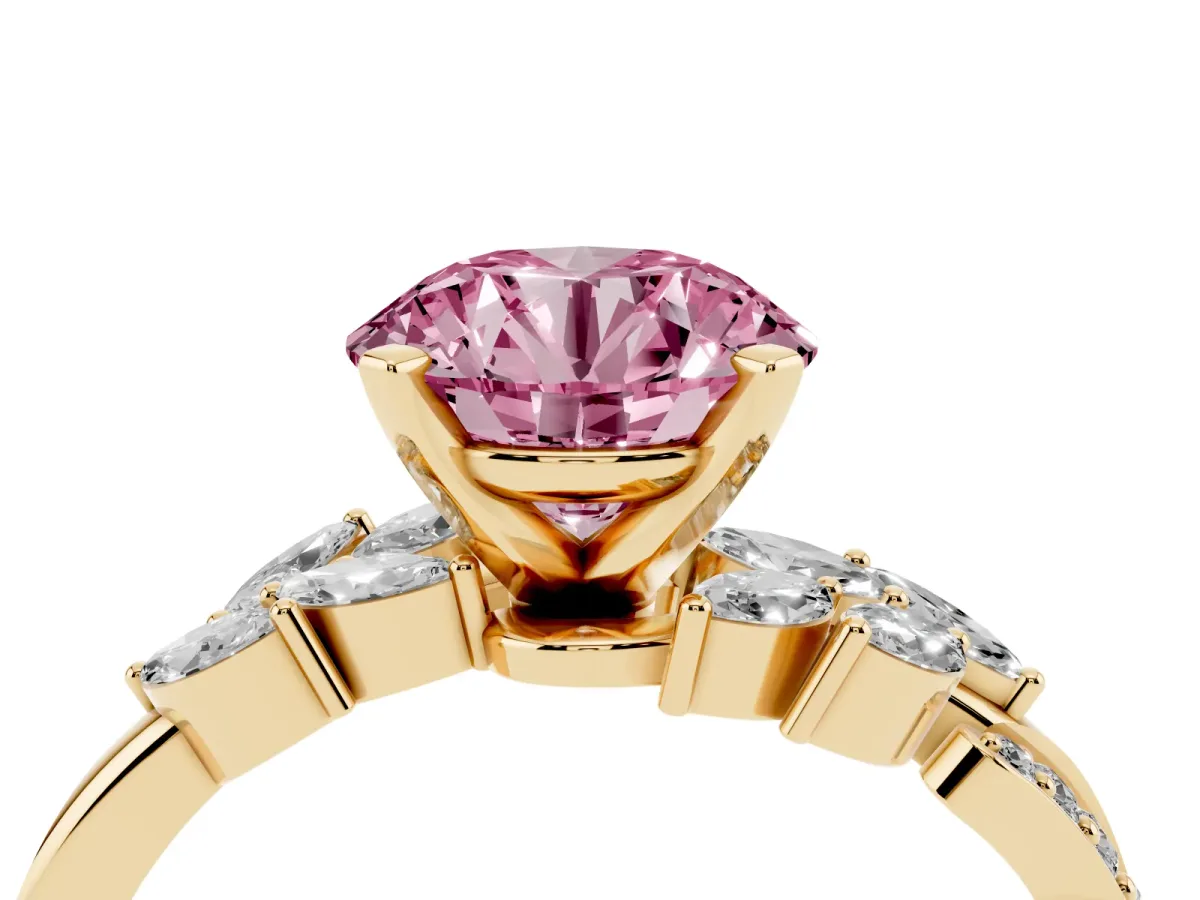 Fancy Pink Round Cut Solitaire Marquise Twist Band with Six-Prong Setting Yellow gold