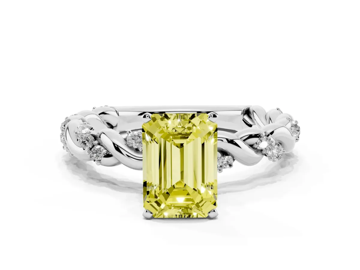 Fancy Yellow Emerald Cut Diamond Solitaire Ring with Twisted Band and Pavé Accents Platinum