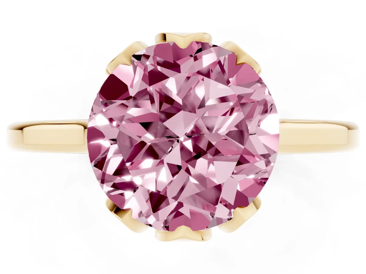 Fancy Pink Round Cut Diamond Solitaire Ring with Flower Prong Setting and Classic Band Yellow gold