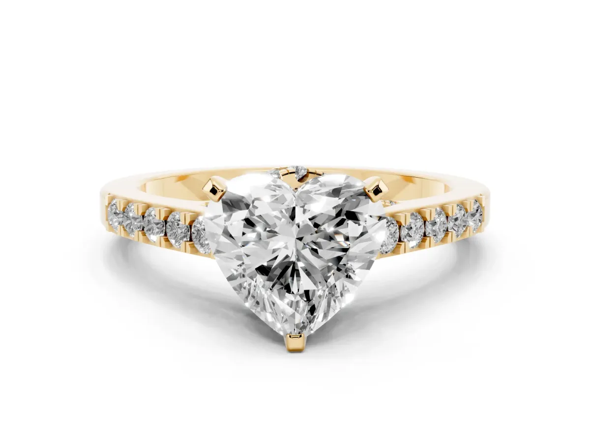 Heart Cut Diamond Solitaire Ring with Crossover Gallery and Round Pavé Band Yellow gold
