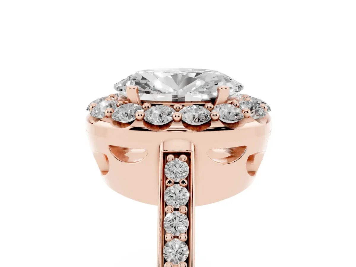 Oval Cut Diamond Floral Halo Ring with Pavé Band and Prong Setting Rose gold