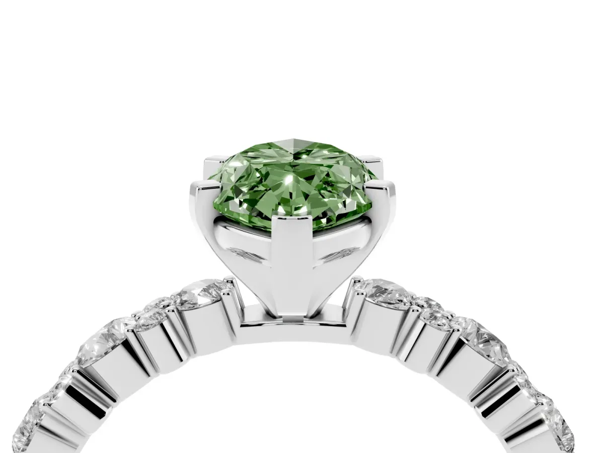Fancy Green Marquise Cut Diamond Side Stone Solitaire Ring with Round and Four-Prong Setting Silver