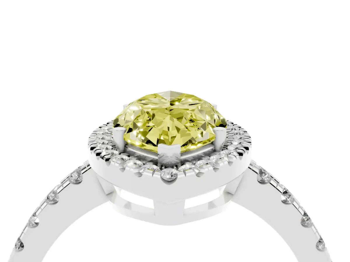Fancy Yellow Marquise Cut Diamond Halo Ring with Pavé Band and Four-Prong Setting Platinum