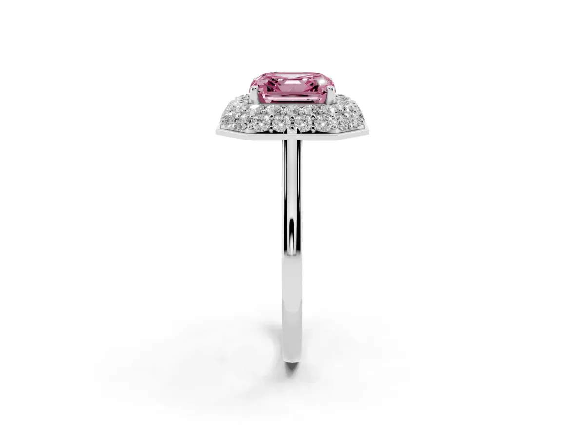 Fancy Pink Asscher Cut Halo Diamond Engagement Ring with Solitaire Band and Four-Prong Setting Silver