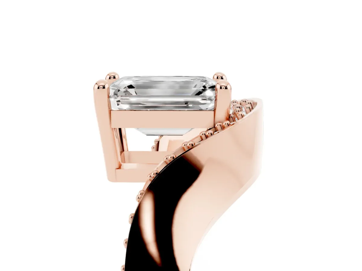 Emerald Cut Solitaire Diamond Engagement Ring with Pave Band and Four-Prong Setting Rose gold