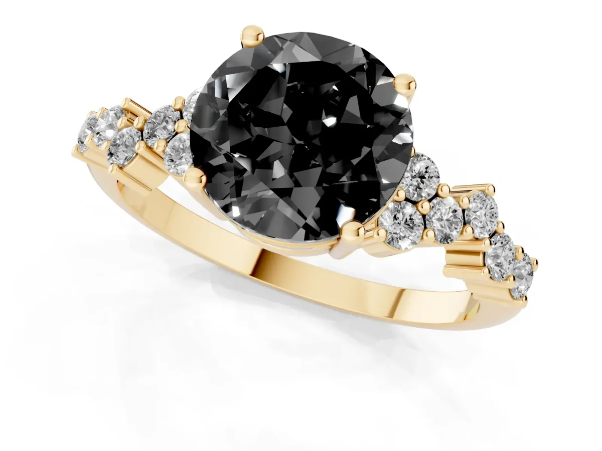 Fancy Black Round Cut Diamond Scattered Round Accent Ring with Prong Setting Yellow gold