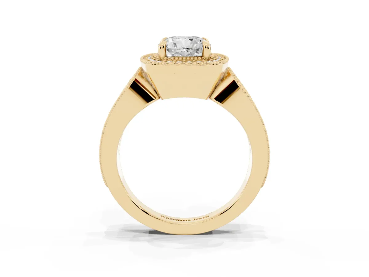 Cushion Cut Halo Split Shank Milgrain Diamond Ring Yellow gold