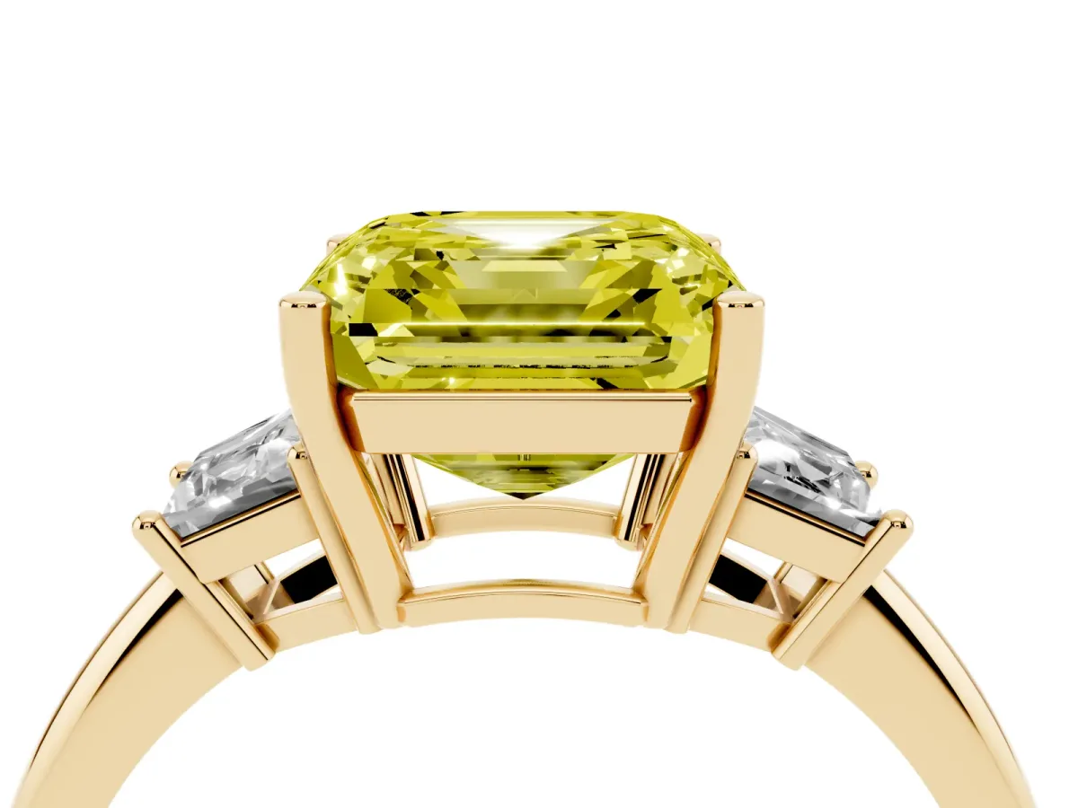 Fancy Yellow Asscher Cut Diamond Three-Stone Ring with Trapezoid Side Stones and Prong Setting Yellow gold