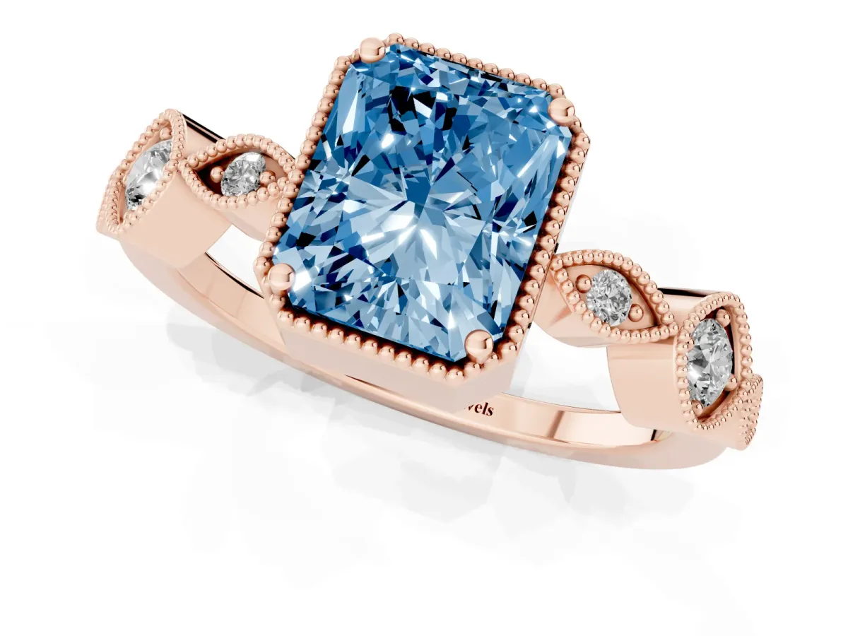 Fancy Blue Radiant Cut Diamond Vintage Milgrain Ring with Round Stations Rose gold