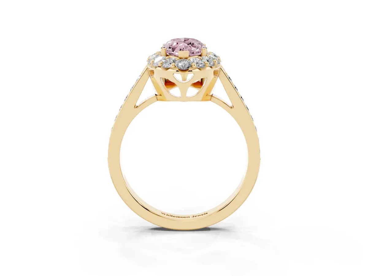 Fancy Pink Marquise Cut Diamond Floral Halo Ring with Pavé Band and Prong Setting Yellow gold