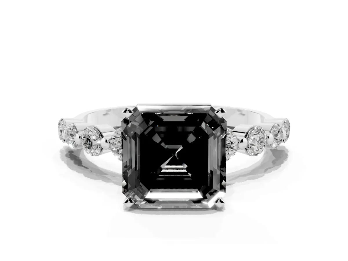 Fancy Black Asscher Cut Solitaire Diamond Ring with Pave Band and Four-Prong Setting Silver