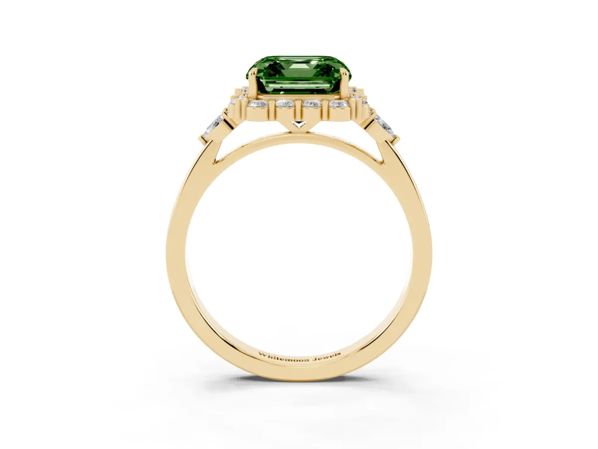 Fancy Green Asscher Cut Diamond Halo Ring with Pear Side Stones and Prong Setting Yellow gold