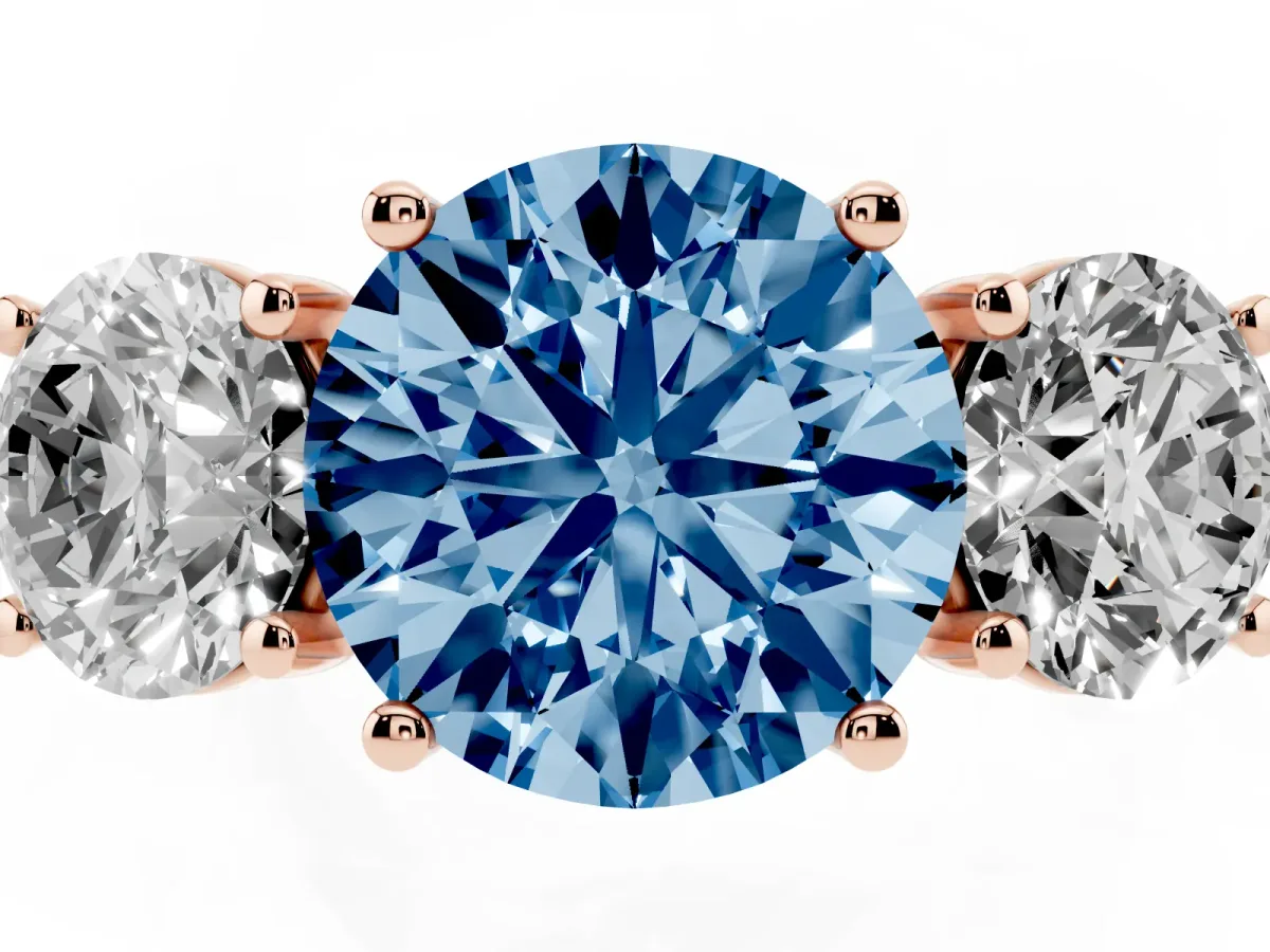 Fancy Blue Three-Stone Round Cut Diamond Ring with Round Pavé Band and Prong Setting Rose gold