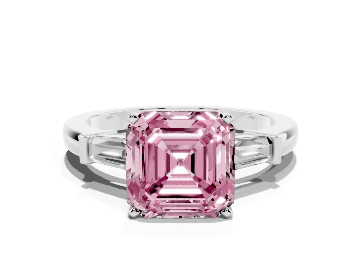 Fancy Pink Asscher Cut Cut Diamond Solitaire Ring with Tapered Baguette Accents and Four-Prong Setting Platinum
