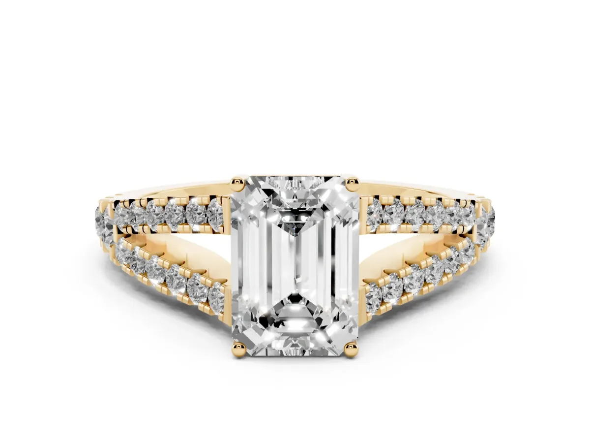 Emerald Cut Diamond Split Shank Engagement Ring with Round Pavé and Prong Setting Yellow gold