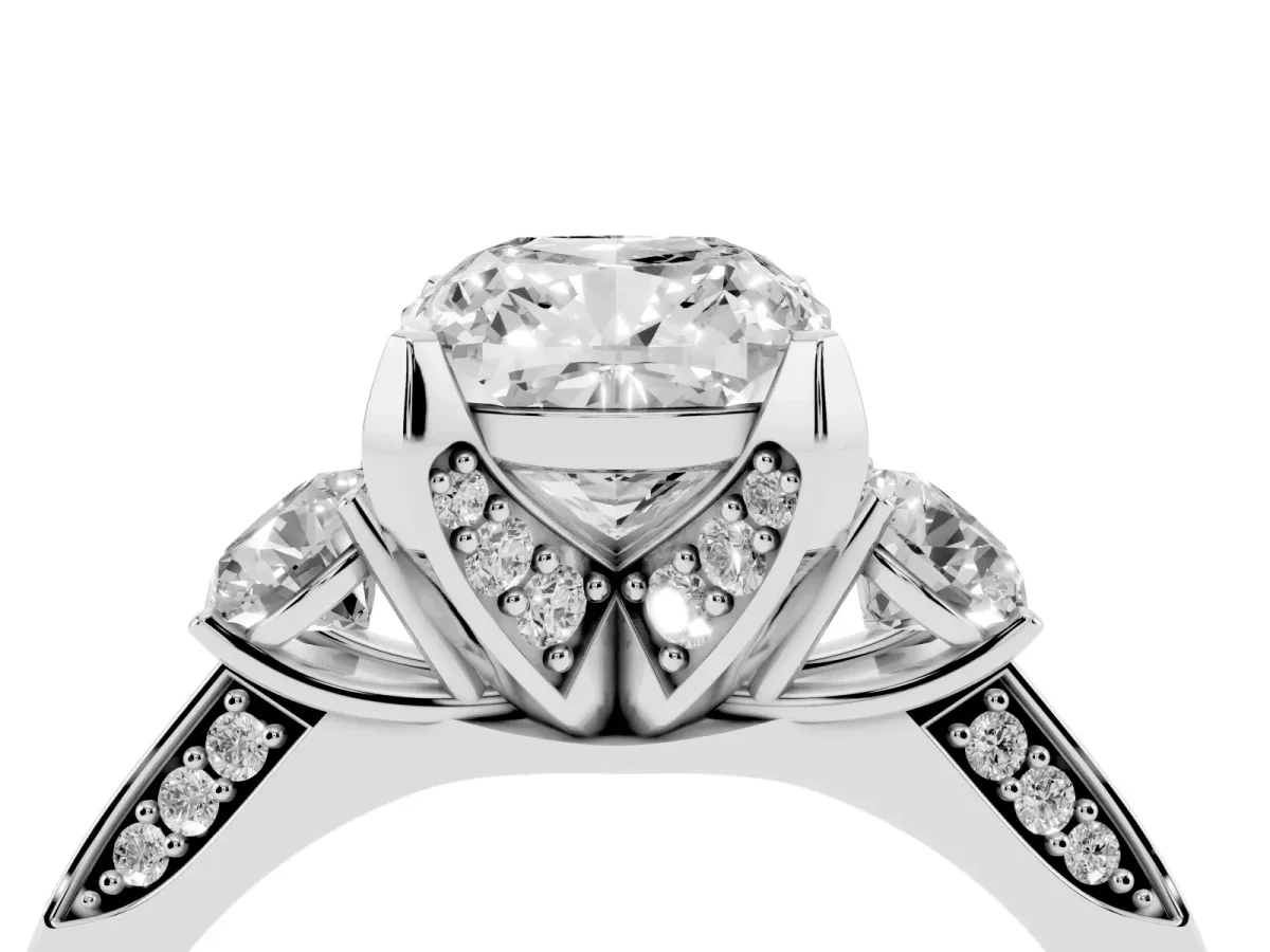 Cushion Cut Brilliant Three-Stone Diamond Ring with Pavé Band and Four-Prong Setting Silver