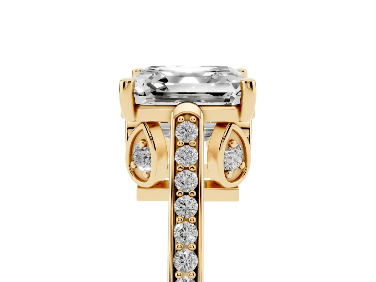 Asscher Cut Cut Cathedral Pave Diamond Engagement Ring with Six-Prong Setting Yellow gold