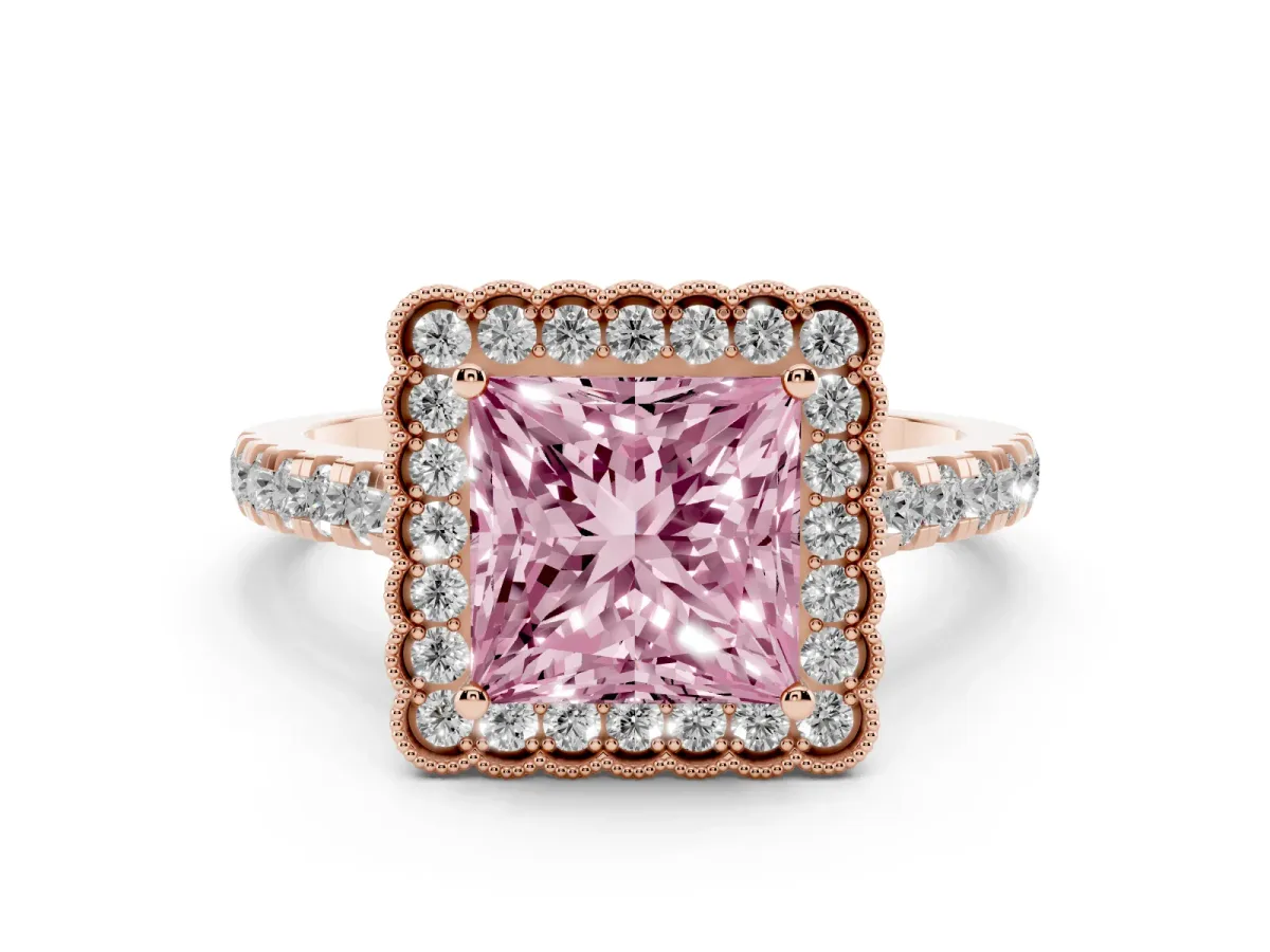 Fancy Pink Princess Cut Cut Diamond Milgrain Floral Halo Engagement Ring with Pavé Band Rose gold
