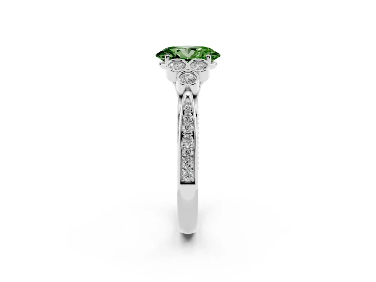 Fancy Green Oval Cut Cut Diamond Engagement Ring with Bezel Set Round Side Stones and Prong Setting Silver