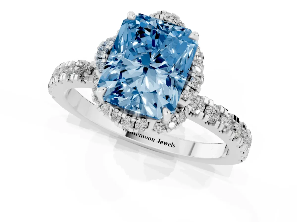 Fancy Blue Radiant Cut Halo Diamond Pave Band Ring with Four-Prong Setting Silver