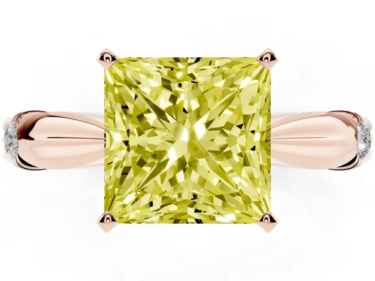 Fancy Yellow Princess Cut Solitaire Diamond Twisted Band with Four-Prong Setting Rose gold