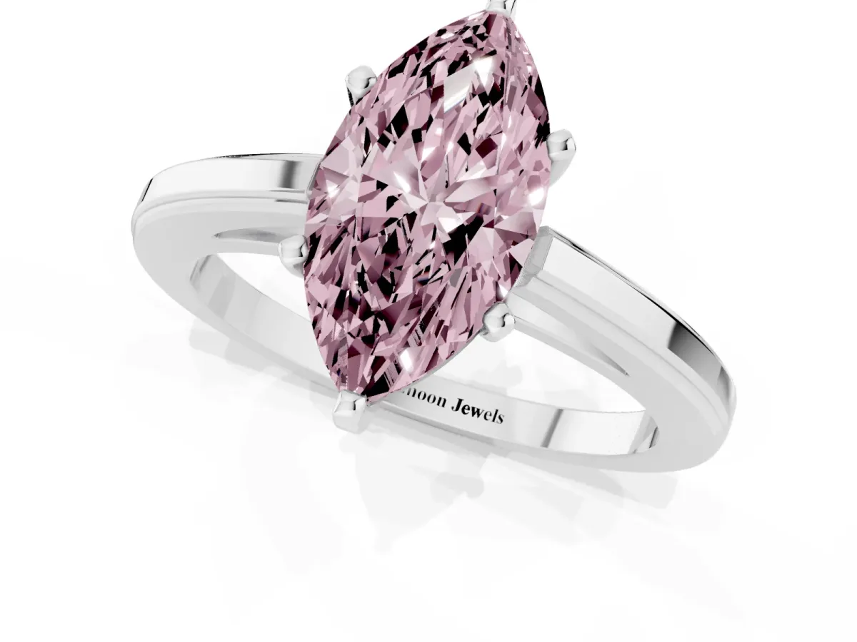 Fancy Pink Marquise Cut Solitaire Diamond Ring with Four-Prong Setting and Classic Band Silver