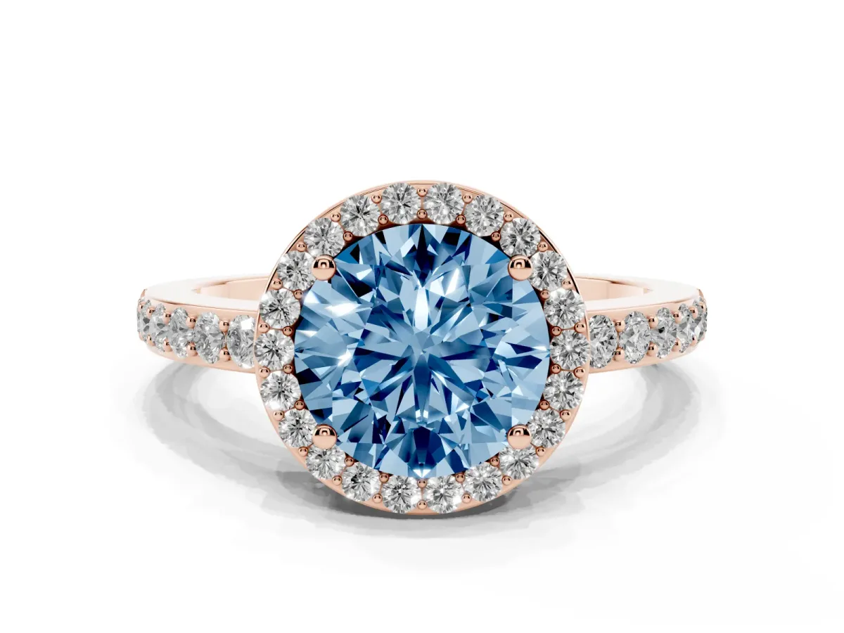 Fancy Blue Round Cut Halo Diamond Pavé Band Ring with Prong Setting Rose gold