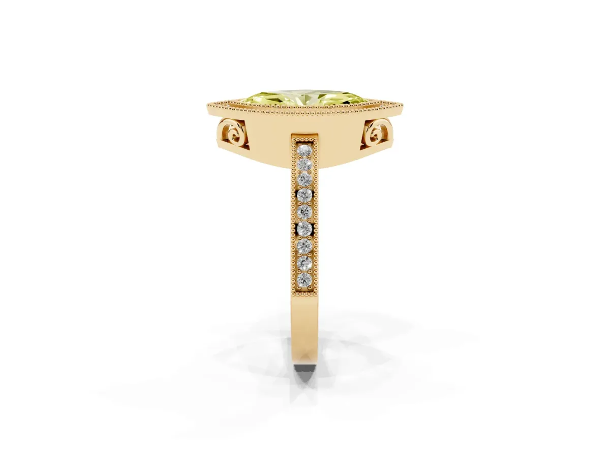 Fancy Yellow Marquise Cut Cut Halo Diamond Ring with Pavé Band and Milgrain Prong Setting Yellow gold
